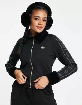 Черный спортивный топ в рубчик с пушистой отделкой adidas Originals 'ski chic'