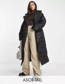 Черный стеганый пуховик макси из нейлона ASOS DESIGN Tall