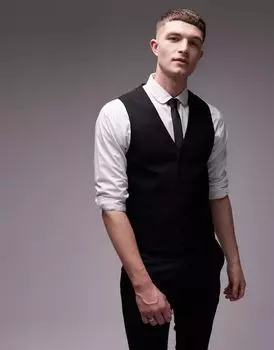 Черный структурированный костюмный жилет Topman