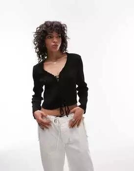 Черный структурированный топ с длинными рукавами и завязками Topshop