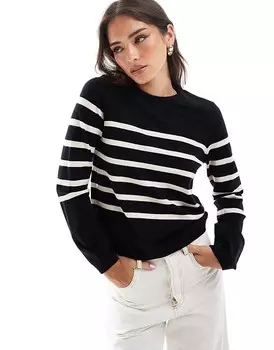 Черный свитер Vero Moda – с круглым вырезом и кремово-белыми полосками