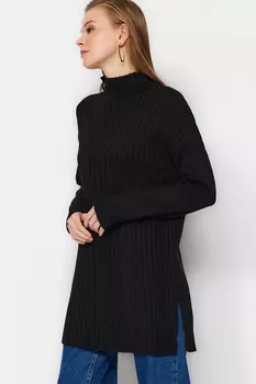 Черный свитер в рубчик из мягкого текстурированного трикотажа с воротником-стойкой Trendyol Modest
