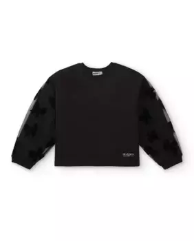 Черный свитшот для девочки с тюлевыми рукавами с принтом Tuc tuc