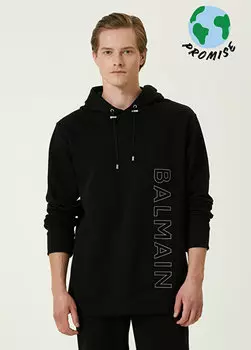 Черный свитшот из органического хлопка с капюшоном и логотипом Balmain