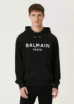 Черный свитшот из органического хлопка с капюшоном и логотипом Balmain