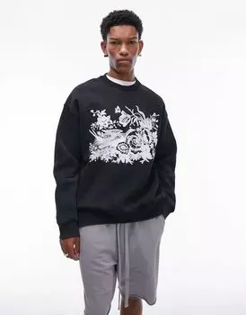 Черный свитшот оверсайз с принтом фазана Topman