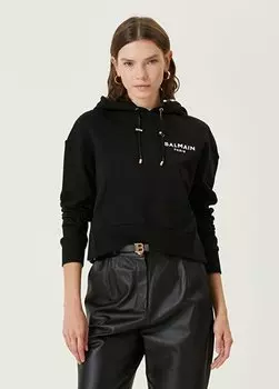 Черный свитшот с капюшоном и логотипом Balmain