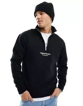 Черный свитшот с молнией 1/4 и центральным логотипом Jack & Jones