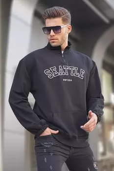 Черный свитшот с вышивкой на воротнике-молнии 6026 MADMEXT