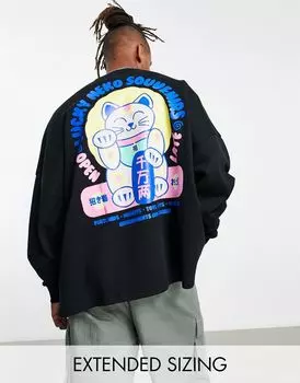 Черный свитшот в стиле oversized с принтом счастливого кота на спине ASOS DESIGN