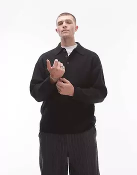 Черный свободный компактный вязаный свитер-поло Topman