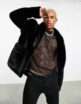 Черный свободный пиджак из искусственного меха с поясом ASOS DESIGN