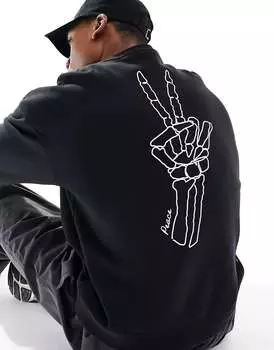 Черный свободный свитшот с круглым вырезом и принтом мира на спине Jack & Jones