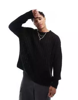 Черный свободный вязаный свитер в рубчик с начесом ASOS DESIGN