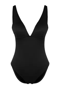 Черный текстурированный купальник с V-образным вырезом Trendyol