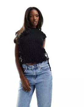 Черный текстурированный топ с короткими рукавами и завязками по бокам ASOS DESIGN