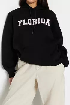 Черный толстый флисовый вязаный свитшот с капюшоном и принтом «Город» Trendyol