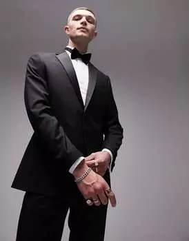 Черный тонкий эластичный смокинг из смесовой шерсти Topman Premium