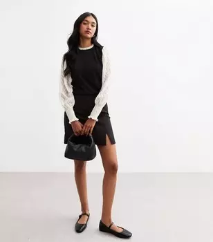 Черный топ 2-в-1 в рубчик с текстурированными рукавами New Look, черный