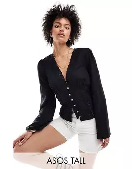 Черный топ ASOS DESIGN Tall – с кружевной вставкой и застежкой на пуговицы по всей длине