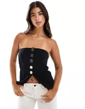 Черный топ-бандо в рубчик с золотыми пуговицами ASOS DESIGN