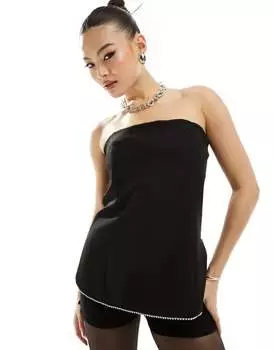 Черный топ без бретелек River Island с отделкой стразами