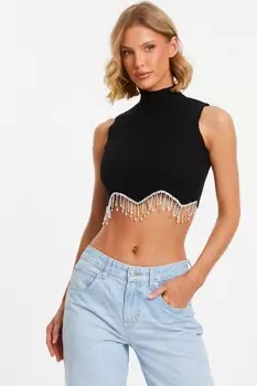 Черный топ без рукавов с фестончатым узором QUIZ Clothing