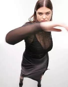 Черный топ из фактурной сетки с длинными рукавами и рюшами Topshop Curve