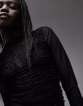 Черный топ из фактурной сетки с длинными рукавами и сборками и воротником-трубой Topshop