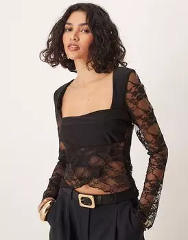 Черный топ из кружева с квадратным вырезом и расклешенными рукавами от ASOS DESIGN