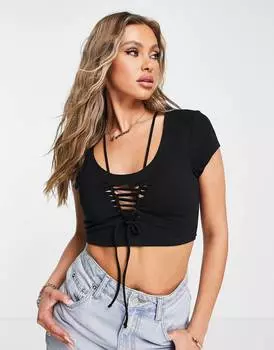 Черный топ из макраме с короткими рукавами ASOS DESIGN