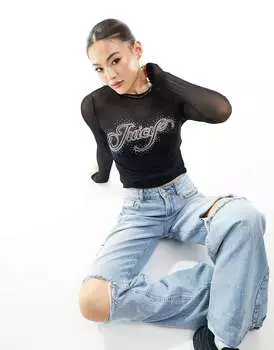 Черный топ из сетки с логотипом и стразами Juicy Couture