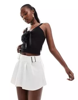 Черный топ-комбинация с атласной отделкой и завязками спереди Kaiia