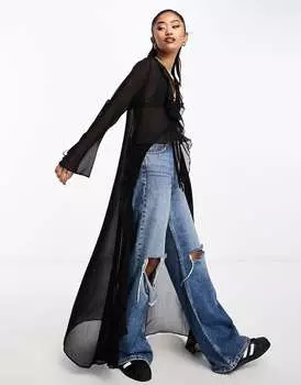 Черный топ макси из прозрачного шифона с оборками и завязкой спереди Miss Selfridge