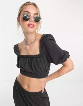 Черный топ Miss Selfridge из жатого хлопка доярки с объемными рукавами