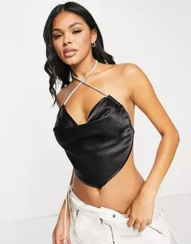 Черный топ на бретельках с хомутом и отделкой стразами ASYOU