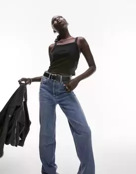 Черный топ на бретельках в рубчик Topshop