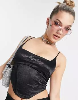 Черный топ на бретелях с корсетом из стрейч-атласа с графическим принтом ASYOU