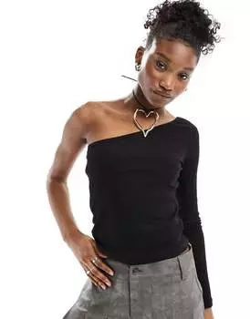 Черный топ на одно плечо с длинными рукавами Monki