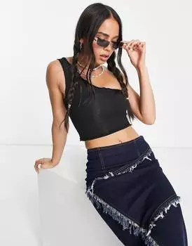 Черный топ на одно плечо с салатовым краем COLLUSION