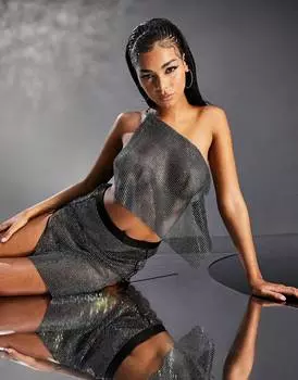 Черный топ на одно плечо со стразами ASYOU