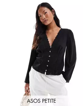 Черный топ на пуговицах с кружевной вставкой ASOS DESIGN Petite