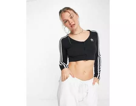 Черный топ на пуговицах с тремя полосками adidas Originals adicolor