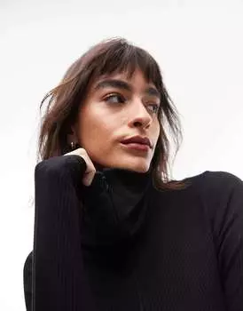 Черный топ премиум-класса с открытым воротником на молнии и длинными рукавами Topshop