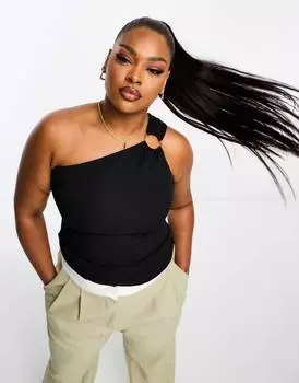 Черный топ с асимметричной отделкой и сборками River Island Plus