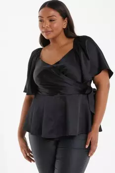 Черный топ с баской Curve Wrap QUIZ Clothing