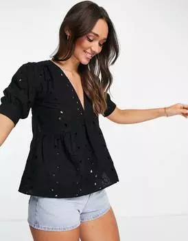 Черный топ с баской и пышными рукавами ASOS DESIGN