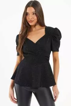 Черный топ с баской и запахом с блестками Quiz