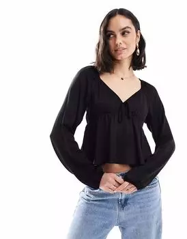 Черный топ с длинными рукавами и баской, завязывающийся спереди Pimkie
