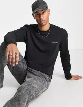Черный топ с длинными рукавами и микро-логотипом Calvin Klein